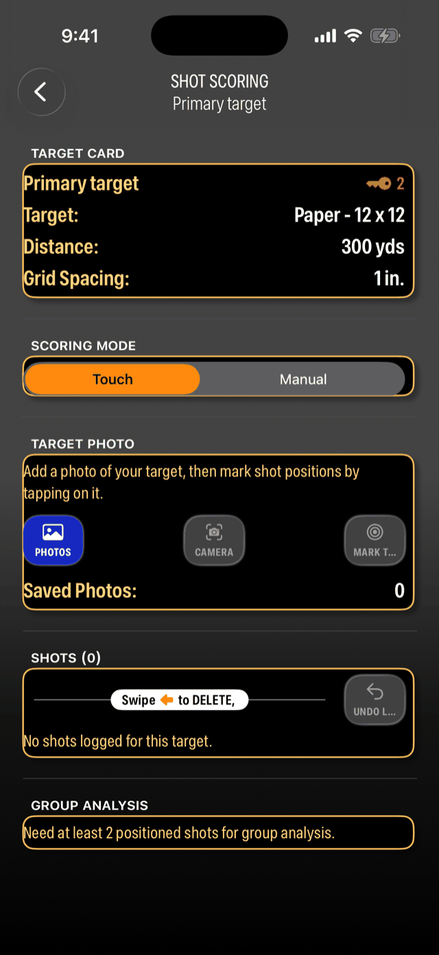 Shot Scoring in Touch mode with the Photos, Camera, and Mark Target controls for a target photo