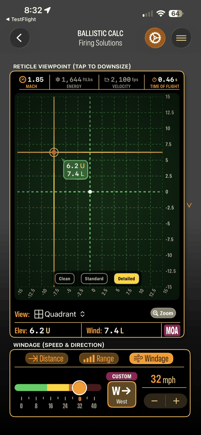 Ballistic calculator reticle view showing an elevation and windage hold